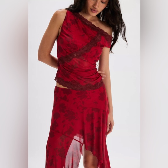Free People Dresses & Skirts - Free People Floral Mesh Lace Two-Piece Set Asymmetrical Skirt One-Shoulder Top